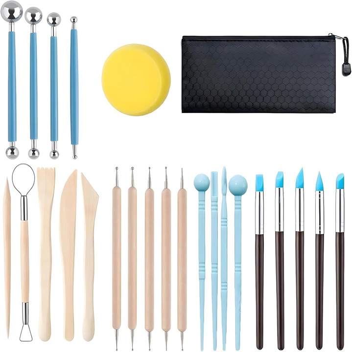 Set unelte pentru modelaj, 30 piese, design cu doua capete, geanta de depozitare, multicolor