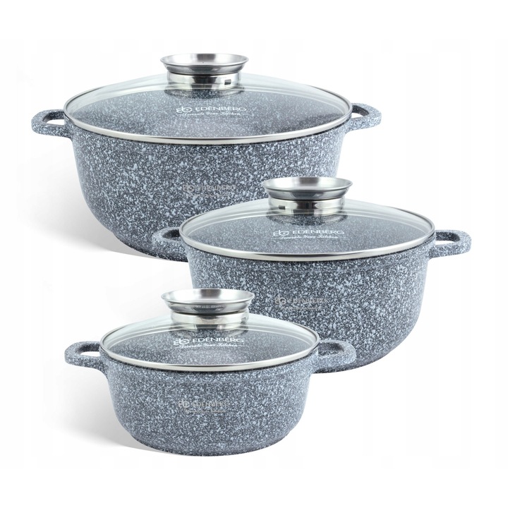 Set 6 oale Edenberg EB-8020, aluminiu marmorat antiaderent, compatibile plite inductie, cu capac si dozator ulei