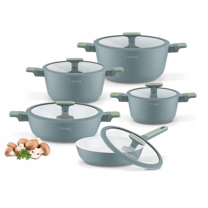 Комплект керамични съдове Starke Pro Lapis 10 части, индукционни, черно/зелено