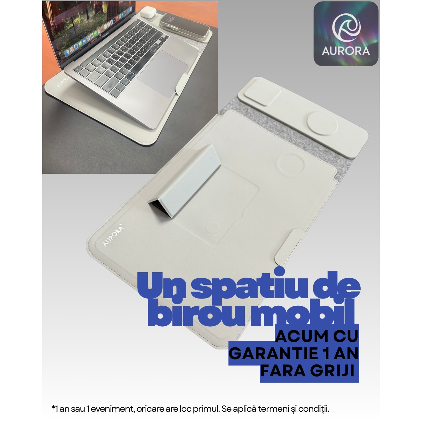 Husa Laptop 4-in-1 AURORA 15-16" cu pad incarcare Wireless MagSafe si Qi, compatibil Apple, Samsung, Huawei, Piele PU Gri, Impermeabila, Slim, Suport Ergonomic