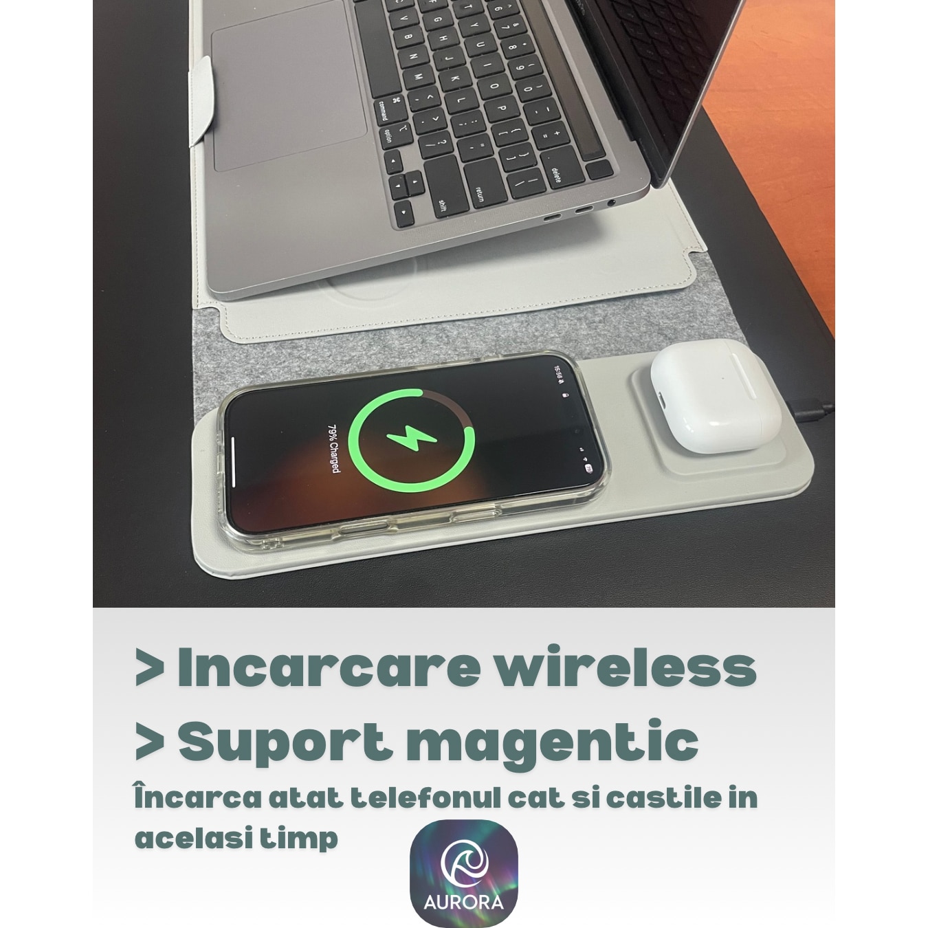 Husa Laptop 4-in-1 AURORA 15-16" cu pad incarcare Wireless MagSafe si Qi, compatibil Apple, Samsung, Huawei, Piele PU Gri, Impermeabila, Slim, Suport Ergonomic