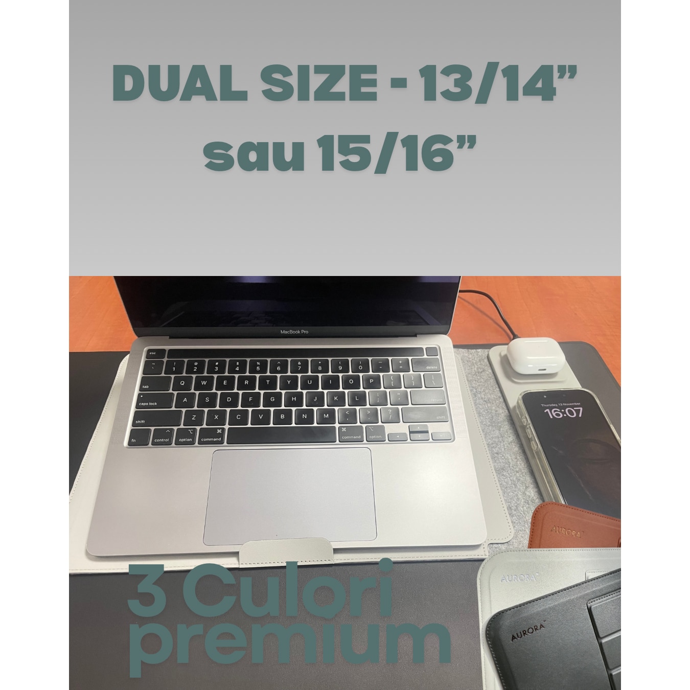 Husa Laptop 4-in-1 AURORA 15-16" cu pad incarcare Wireless MagSafe si Qi, compatibil Apple, Samsung, Huawei, Piele PU Gri, Impermeabila, Slim, Suport Ergonomic
