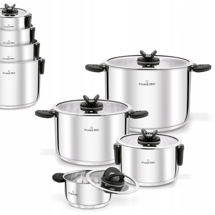 Set 8 oale Starke Pro Secare, inox, cu manere pliabile, compatibile inductie