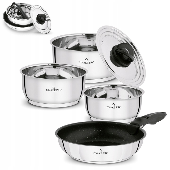 Set 6 Vase Inox cu Tigaie, Maner Detasabil, Inductie