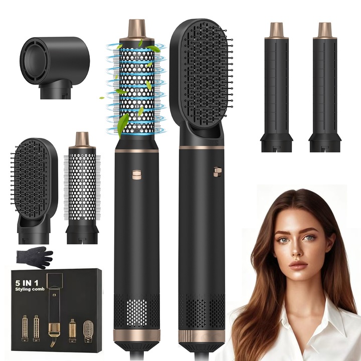 Уред за оформяне на коса с горещ въздух 5 в 1, Четка сешоар с множество приставки, Инструмент за къдрене, изправяне, обем и оформяне за жени