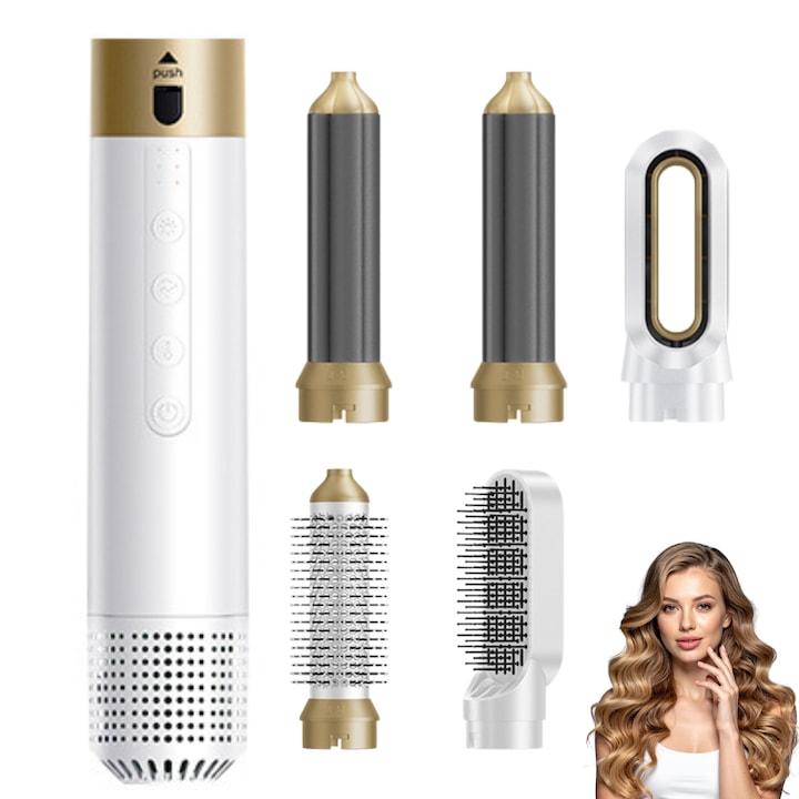 Perie Electrica pentru Par Infiniteea™, Multifunctionala, 5 in 1, 1000W, Uscare, Ondulare, Indreptare si Coafat Parul, 3 Trepte de Temperatura si Functie de Aer Rece, Airflow, Portabila, Capete Interschimbabile, Alb
