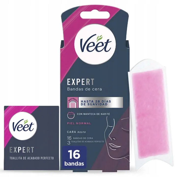 Veet Expert – Benzi cu ceara pentru fata, depilare precisa, 16 buc