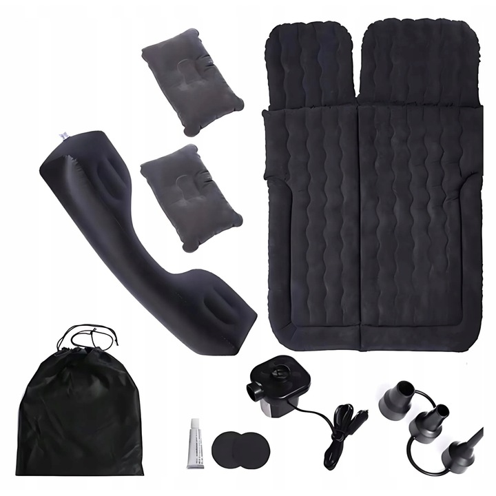 Saltea Auto Gonflabila Cu Pompa, Oem, Constructie Zonala, Capacitate De Pana La 295 kg, Umflare Si Pliere Rapida, Suprafata Flockata Pentru Curatare Cu O Carpa Umeda, 175 x 130 cm, Negru