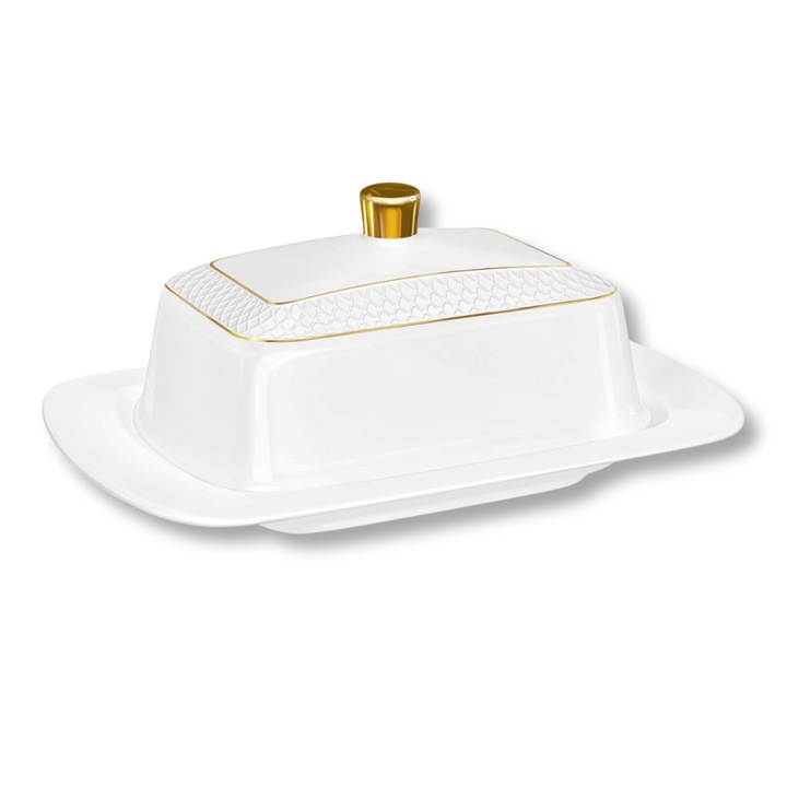 Untiera, Portelan, Alb, elegant, Margine Auriu, 18, 5x12, 5x7, 5 cm, Suport pentru unt, Wilmax Diamond