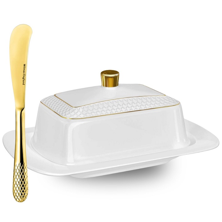 Set Untiera cu cutit 17 cm, Portelan, Alb elegant, Margine Auriu, 18, 5x12, 5x7, 5 cm, Suport pentru unt, Wilmax Diamond