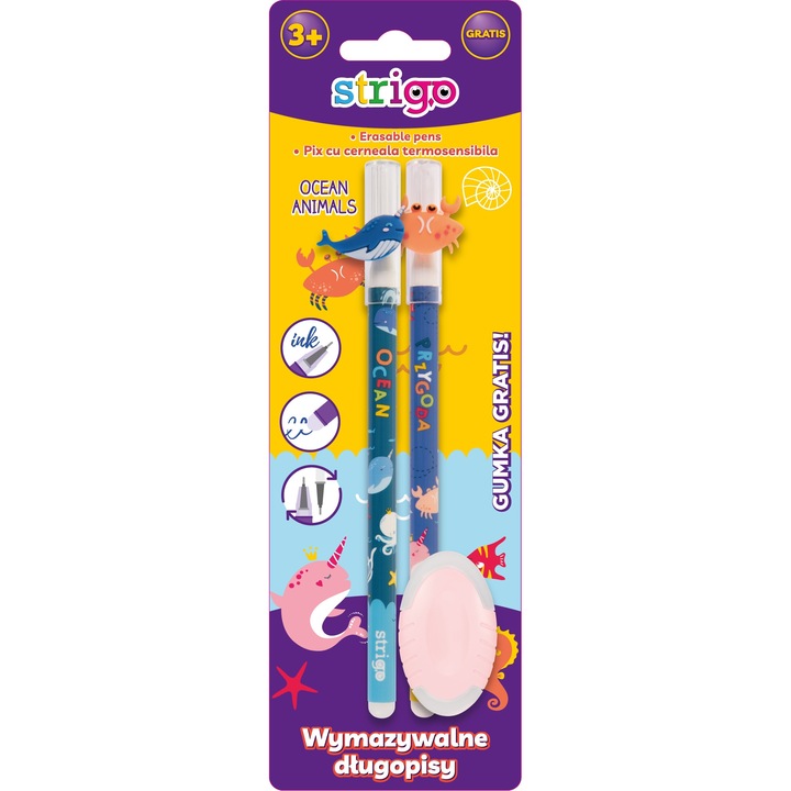 Set 2 pixuri ștergibile STRIGO Animals albastru + gumă