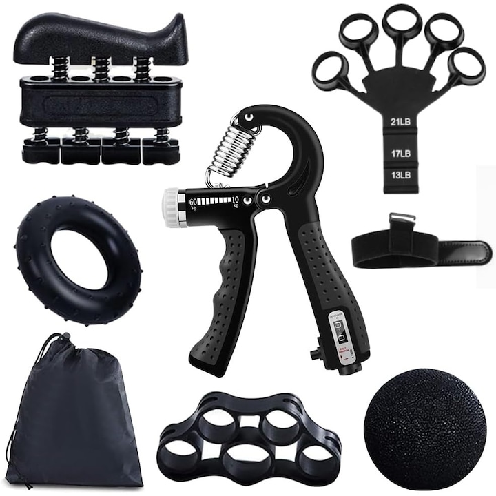 Set flexoare pentru antrenament maini, antebrat, recuperare fizica, 6 bucati, Cu functie numarare, Reglabila 5-60 kg, Design ergonomic, Rezistenta la uzura, Reduce rigiditatea si durerea, TPR/ABS, Negru