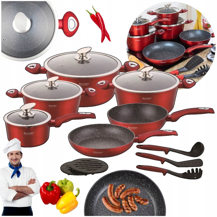 Комплект 15 части мраморни тенджери и тигани Edenberg, червен, индукция
