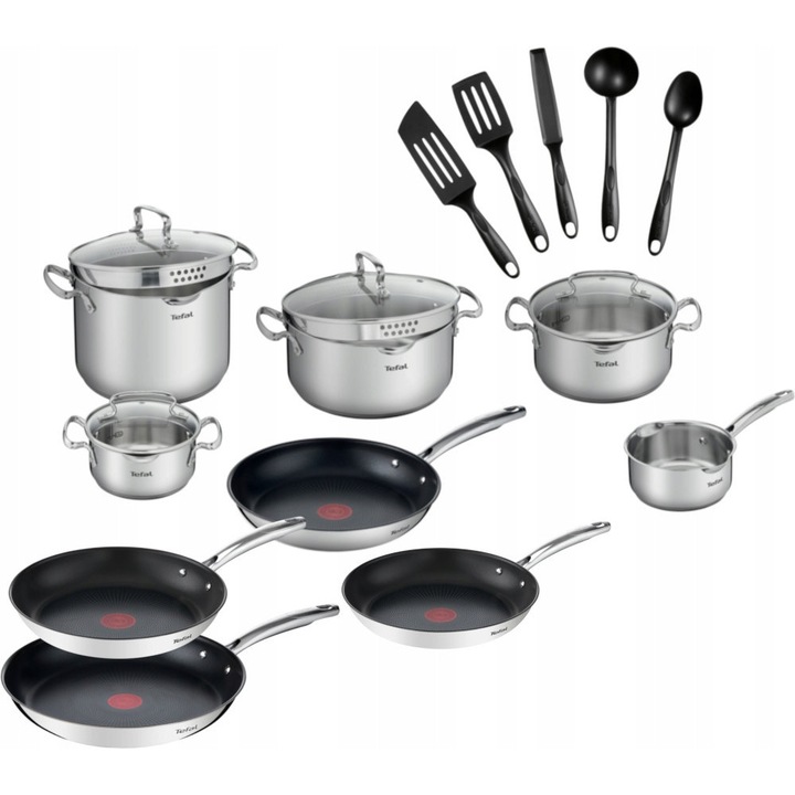 Комплект тенджери и тигани Tefal Duetto+, 18 части, неръждаема стомана, незалепващо покритие