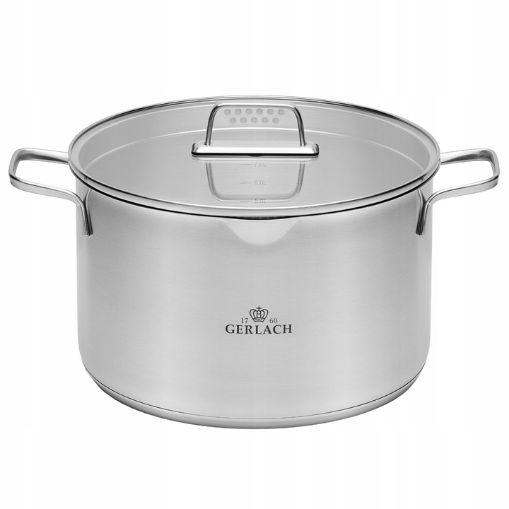 Oala din otel inoxidabil AMBIENTE 10L, 28cm, cu functie de scurgere, capac din sticla, set