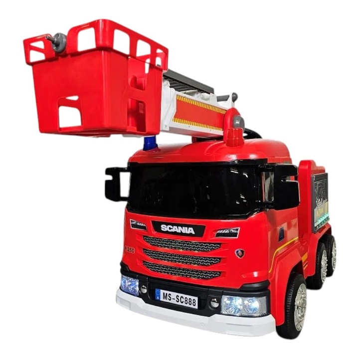 Masina electrica licenta camion Scania, pentru o persoana, Rosu, 12V, cu telecomanda, Bluetooth, USB, 117x62x55 cm