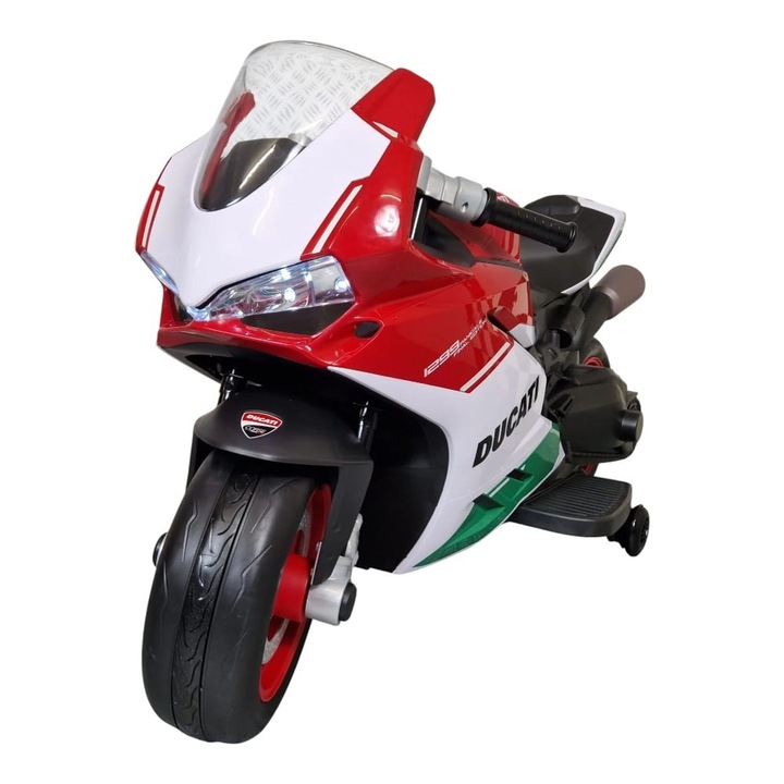 Motocicleta electrica cu licenta Ducati Panigale, pentru o persoana, Multicolor, 12V, Sunete/Muzica, Lumini, Roti laterale, 108x43x68 cm