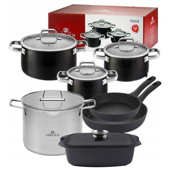 Gerlach Prime 6 részes edény- és serpenyőkészlet, 7 literes edény, Granitex serpenyők 28 cm és 24 cm, fekete színű