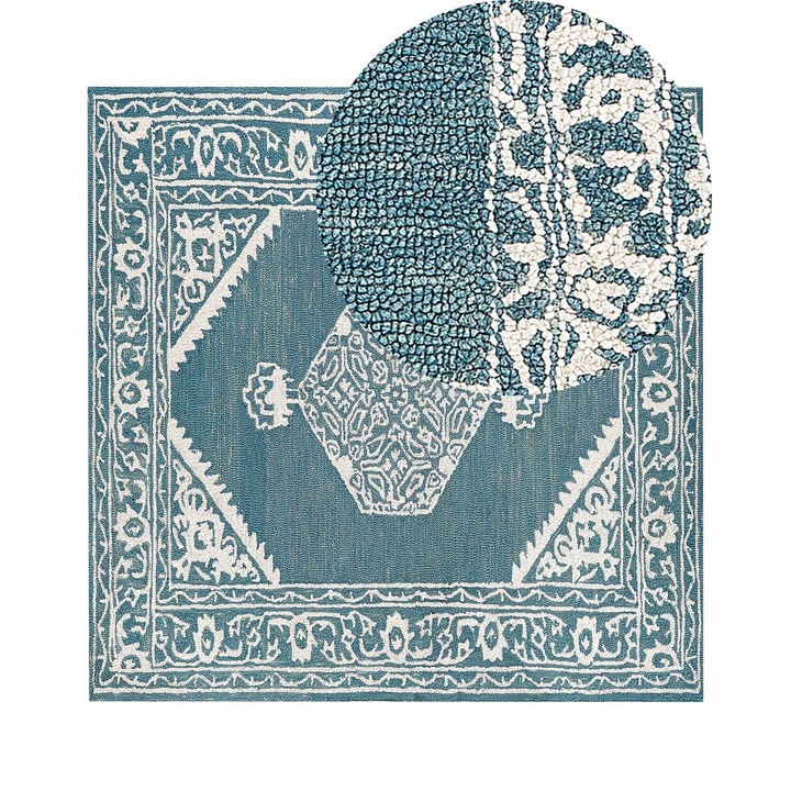 Covor din lana alb si albastru 200 x 200 cm Gevas