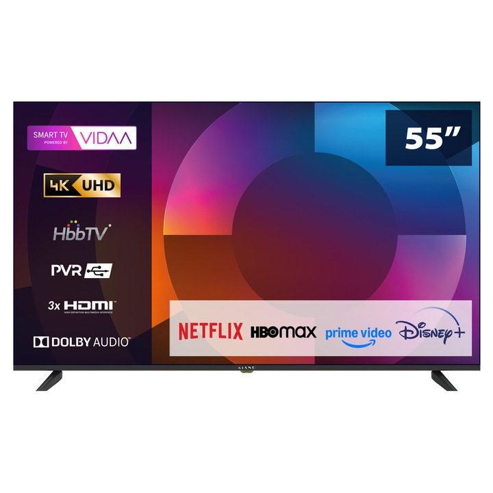 Телевизор Kiano Elegance 55', D-LED, Smart TV, DVB-T2/S2, 3x HDMI, 2x USB, 139.7 см, VIDAA, 4K Ultra HD
