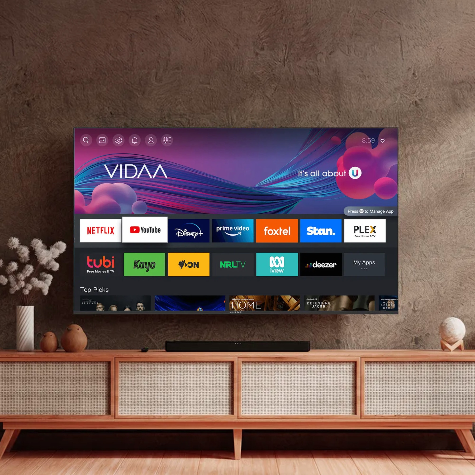 Televizor Kiano Elegance 55', D-LED, Smart TV, DVB-T2/S2, 3x HDMI, 2x USB, 139.7 cm, VIDAA, 4K Ultra HD