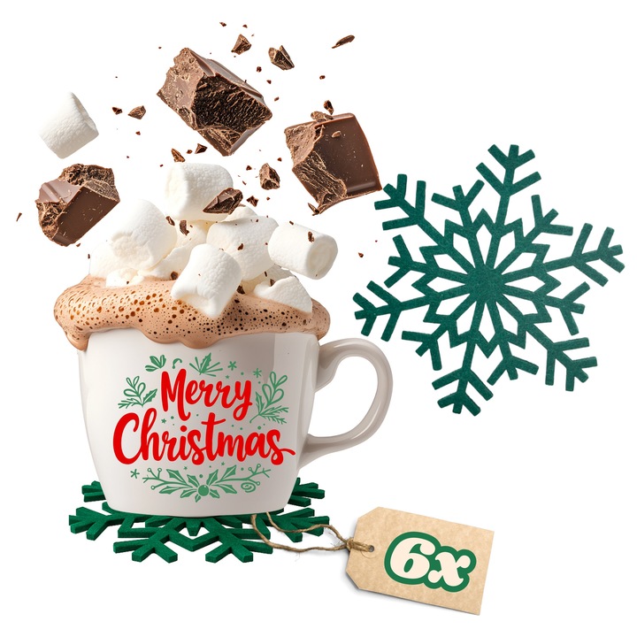 Set 6 suporturi pahare Marvit din fetru, forma stea, 10 cm, verde, coastere protectie masa pentru cani si sticle, decoratiune festiva Craciun, accesorii servire, design modern