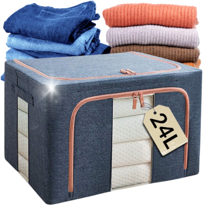 Organizator Marvit cu suport, cutie depozitare 24L, 40x30x20 cm, recipient pliabil pentru haine si jucarii, solutie ideala pentru ordine in dulap sau dressing, manere laterale, albastru