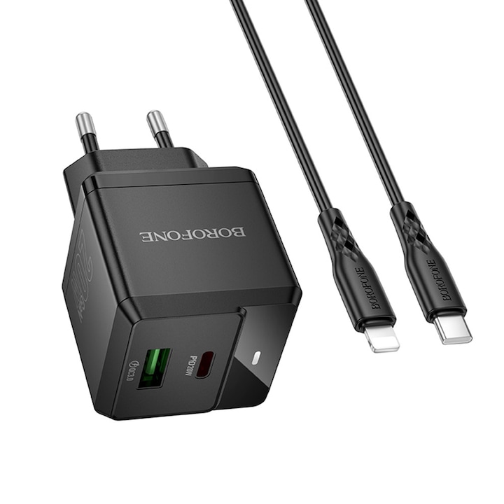 Borofone fali töltő – kettős USB-C + USB-A port, 20W (PD + QC3.0), 5V/3A, mellékelt Type-C – Lightning kábellel, fekete