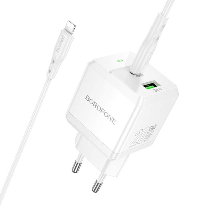 Hálózati töltő, USB + Type-C, PD20W, QC3.0, 5V/3A + USB-C - Lightning kábel - Borofone Intenso (BN19) - Fehér