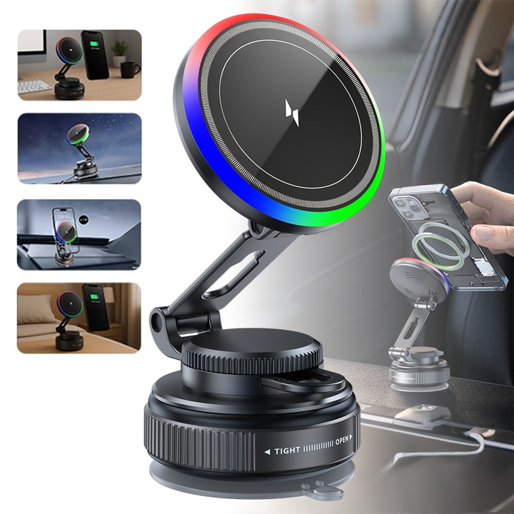 Excitat®Suport Auto Magnetic 15W cu Incarcare Wireless [Ventuza Vacuum] 360° Reglabil si Pliabil, Bord / Parbriz, 2 Inele Metalice + Covoras Antiderapant, Compatibil MagSafe iPhone / Samsung