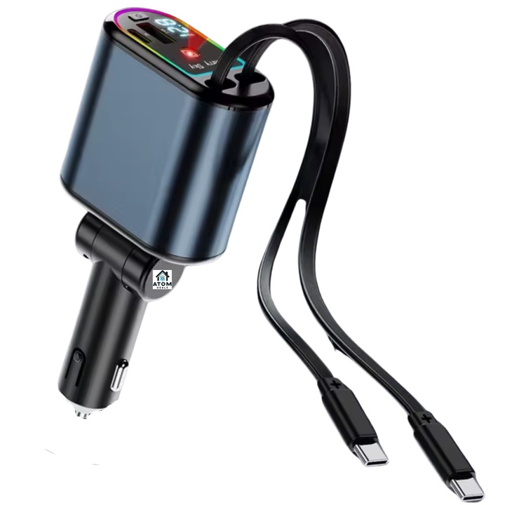 Incarcator auto 3 in 1 ATOM DEALS, 120W, porturi Type-C, lightning, proiector cer instelat, negru grant, cablu retractabil 76cm