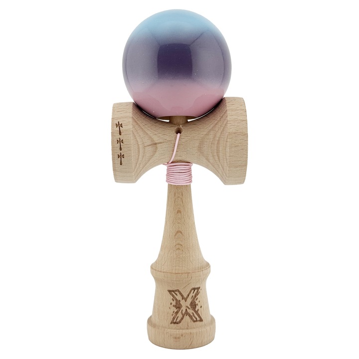 Kendama X Originala, Profesionala, Flippy, Big Cups V2, Super Sticky cu Cupe Mari, din lemn 18 cm, Rulment Metalic cu Ata 55 cm, Albastru/Mov/Roz