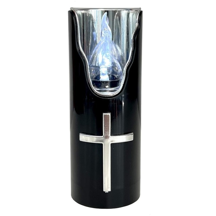 Candela Electronica Neagra, Flacara Alba, Ornament Cruce Argintie, 125 x 50 mm, 50 Zile