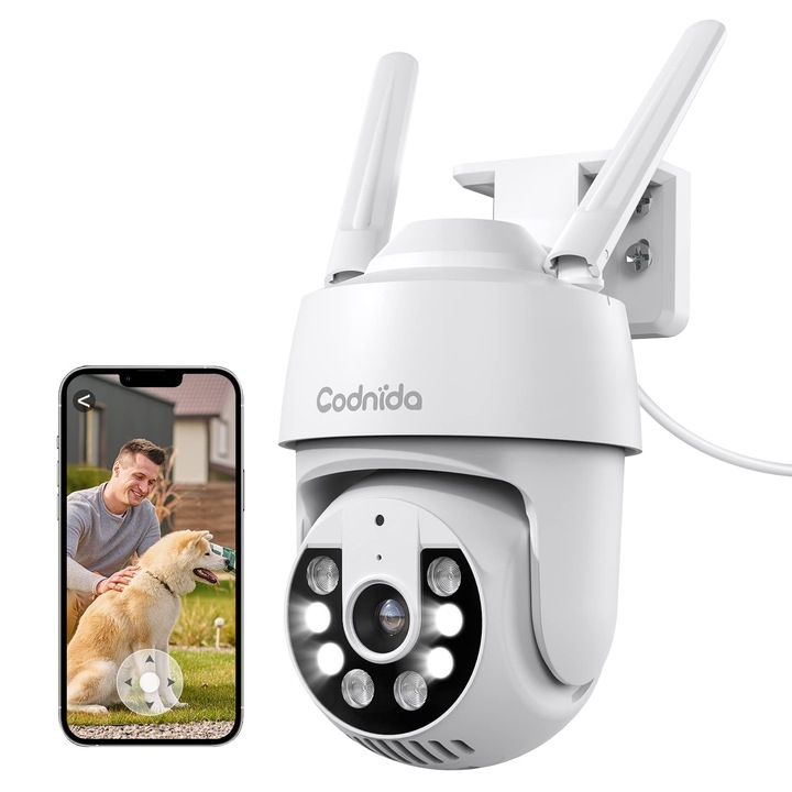 Camera de supraveghere WiFi pentru exterior 2K, vedere la 360°, camera de 3MP cu audio bidirectional, urmarire automata, vedere nocturna color, sirena de alarma, functioneaza cu Alexa