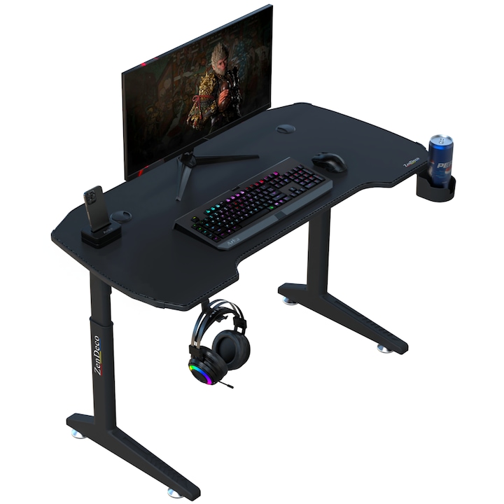 Birou Gaming Profesional V6 Super, Blat dintr-o singura bucata acoperit integral cu mousepad, 2 treceri cabluri, suport casti, suport pahar, reglabil pe inaltime, 70kg