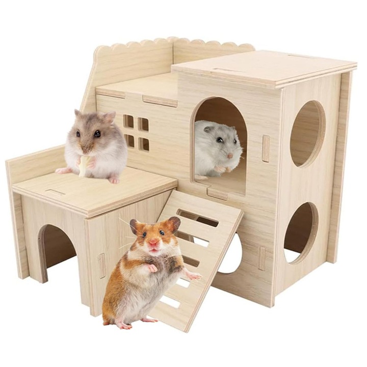 Дървена къщичка за мини хамстери, Qurevo®, с голям балкон и дупка за наблюдение, лесна за сглобяване, частите са разглобяеми, сигурна къщичка