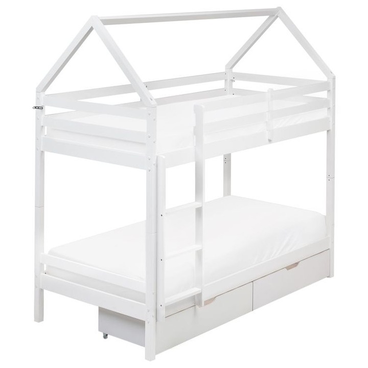 Pat supraetajat copii Beliani, Lemn de pin, cu sertare, Alb, 90x200cm