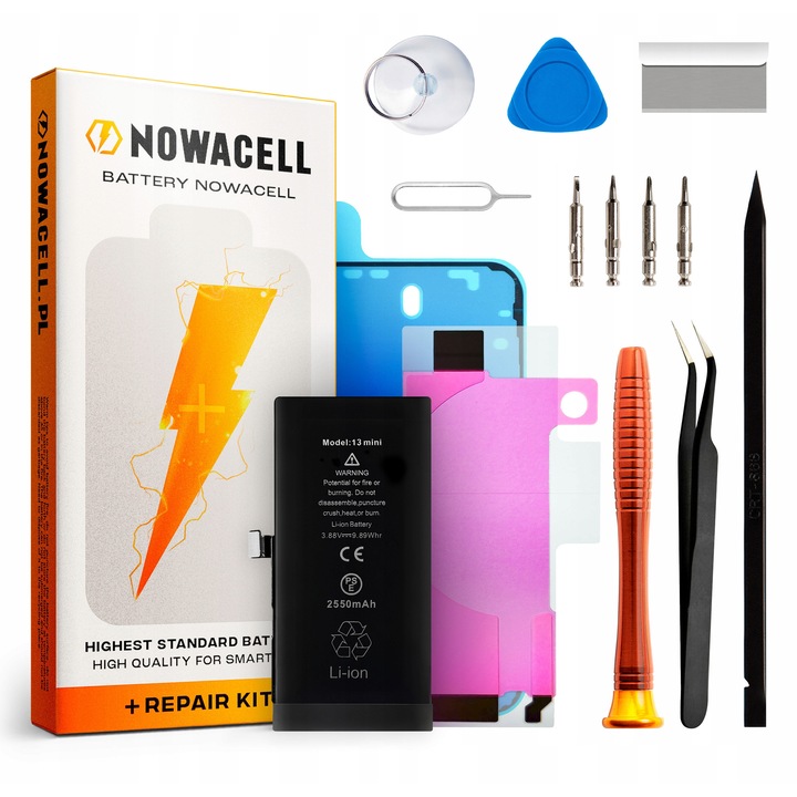 NOWACELL 2550 mAh csereakkumulátor iPhone 13 Mini-hez, szerszámkészlettel, új