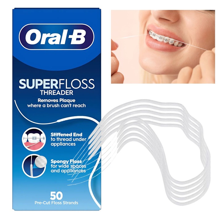Ata dentara Oral-B SuperFloss Threader 50 bucati, cu capat rigidizat si parte spongioasa