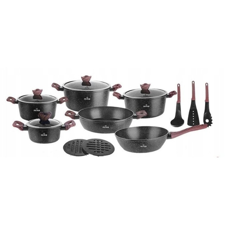 Set 15 Buc. Oale si Tigai Marmorate Zilner, Inductie/Gaz, Negru