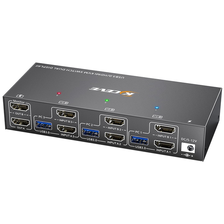 Youtinghdav KVM Kapcsoló, 2xDisplayPort, 1xHDMI, 2 PC-hez, 3 monitorhoz, USB 3.0