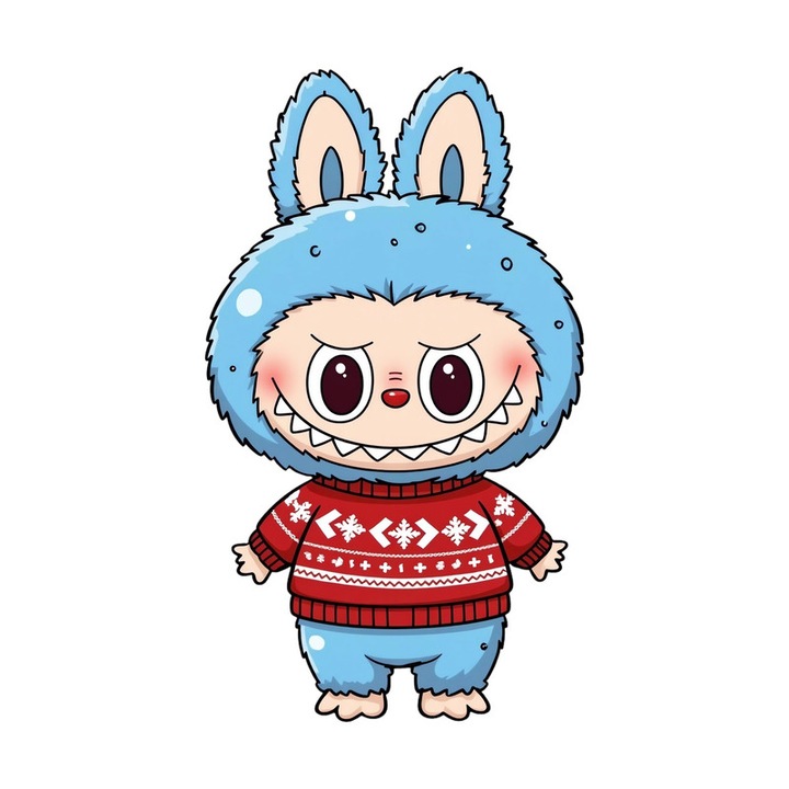 Sticker Labubu Albastru Cu Pulover Craciun, Autoadeziv, Craciun, dimensiune 15 cm