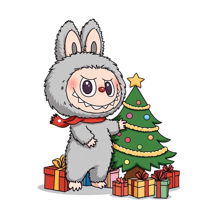 Sticker Labubu Gri Langa Brad Craciun, Autoadeziv, Craciun, dimensiune 10 cm