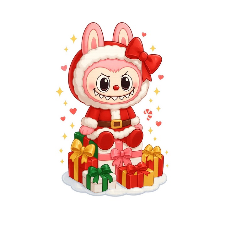 Sticker Labubu Craciun Cu Fundita Si Stelute, Autoadeziv, Craciun, dimensiune 25 cm