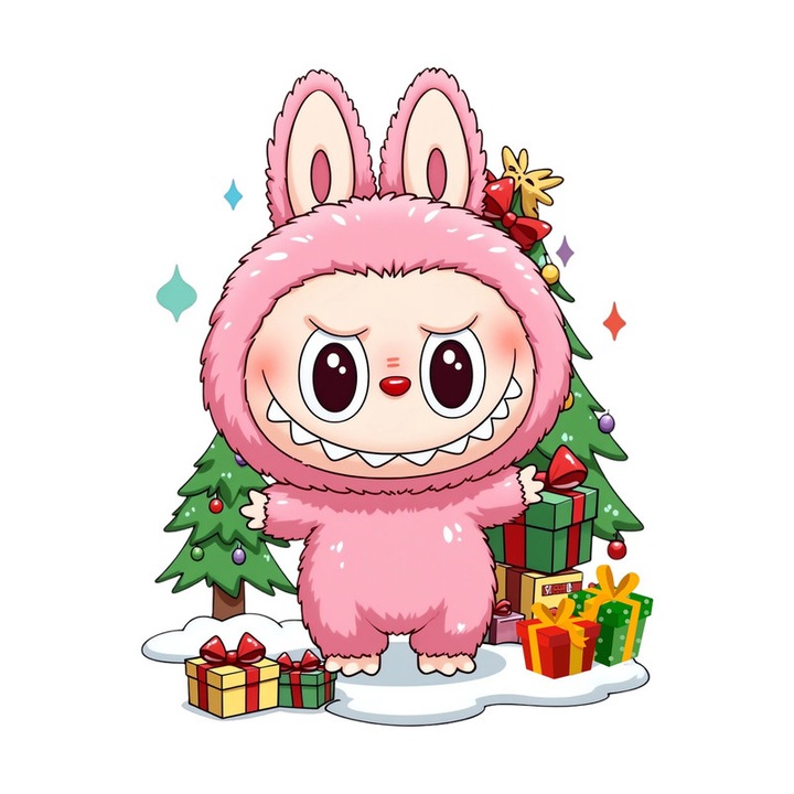 Sticker Crăciun autoadeziv Labubu roz, dimensiune 25cm, design brad cu cadouri