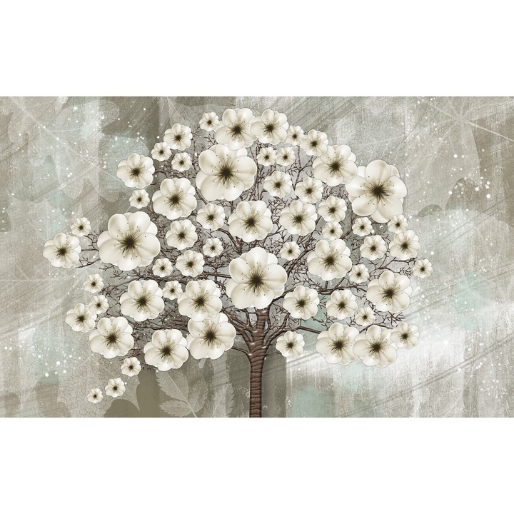 Fototapet Vlies Premium – Design Copac Decorativ cu Flori Mari in Relief pe Fundal Abstract Texturat, 280x400cm, Living, Dormitor, Bucatarie