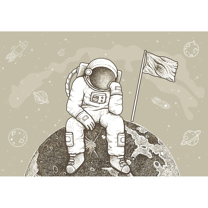 Fototapet Vlies Premium – Astronaut pe Luna, 280x400cm, Spatiu, Planete, Racheta, Living, Dormitor, Bucatarie