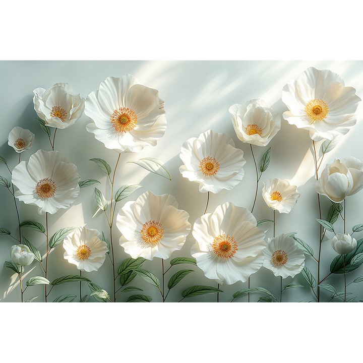 Fototapet Vlies – Design Floral 3D cu Flori Albe Mari, 280x400cm, Living, Dormitor, Bucatarie