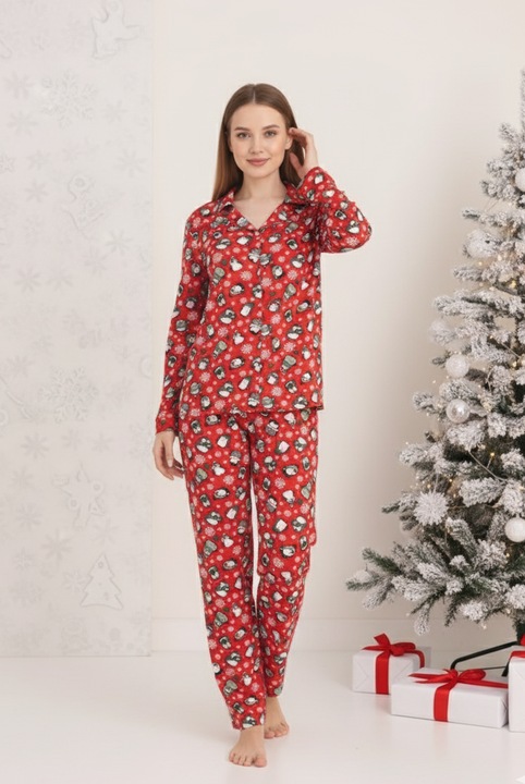 Pijama cu nasturi dama Rosie de Craciun cu Model Pinguini si Fulgi de Nea 5000 13338, Rosu
