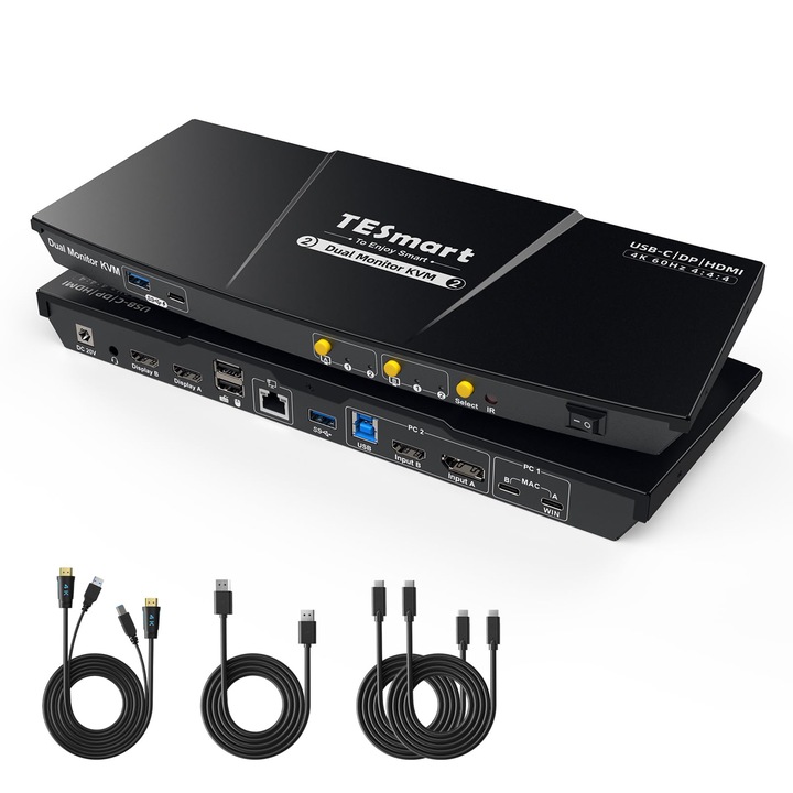 Tesmart KVM kapcsoló, 4K@60Hz, Type-C 60W, 2 PC, 2 monitor